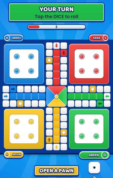 Play Ludo on a phone: the cross board at the start of a match, with the banner Your turn, tap the dice to roll.